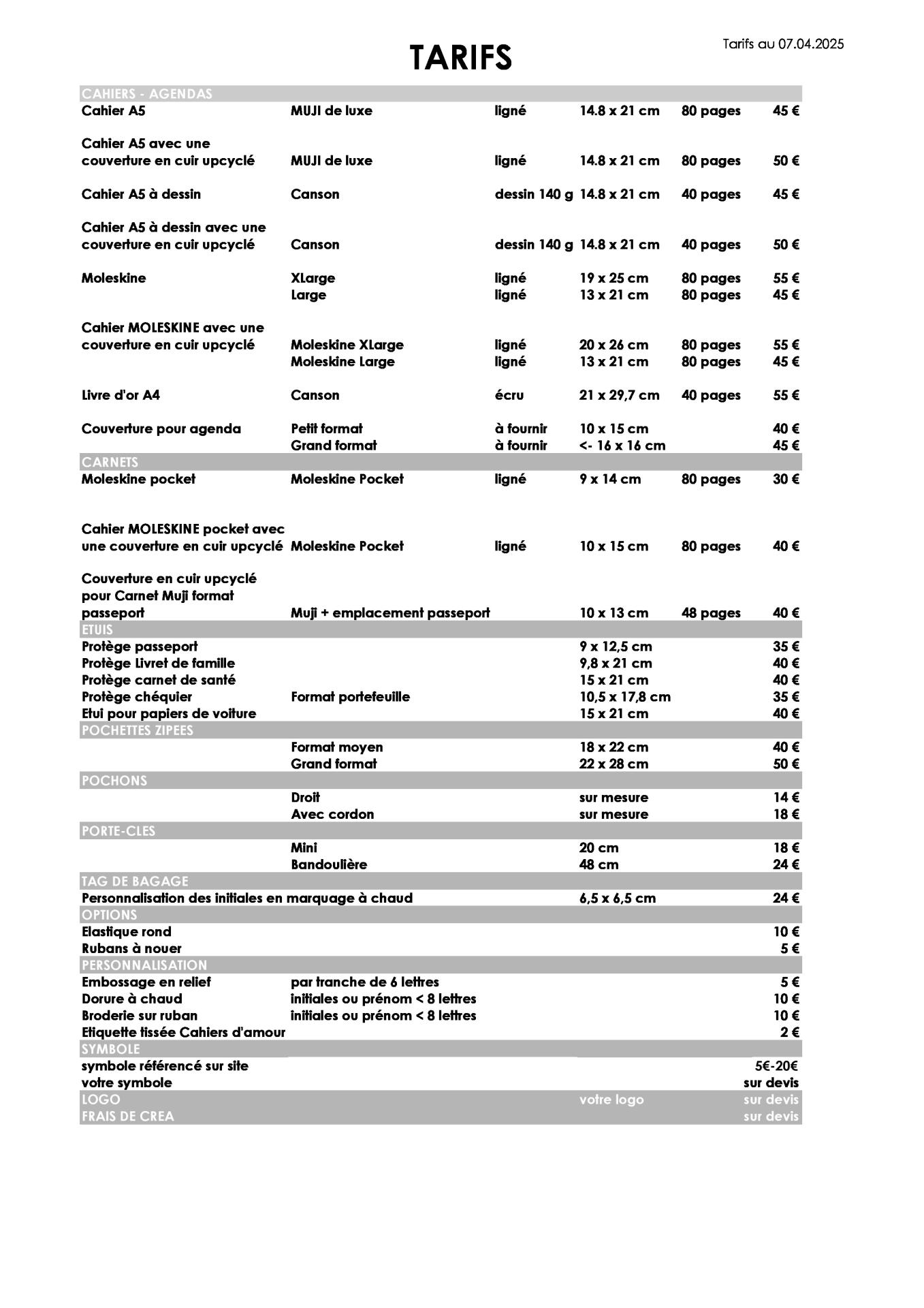 Tarifs au 07 04 2025
