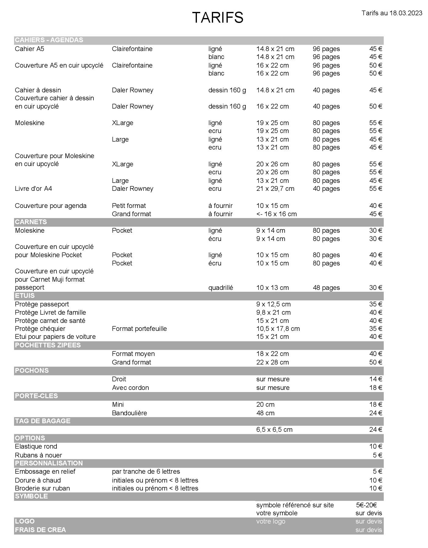 Tarifs au 18 03 2023